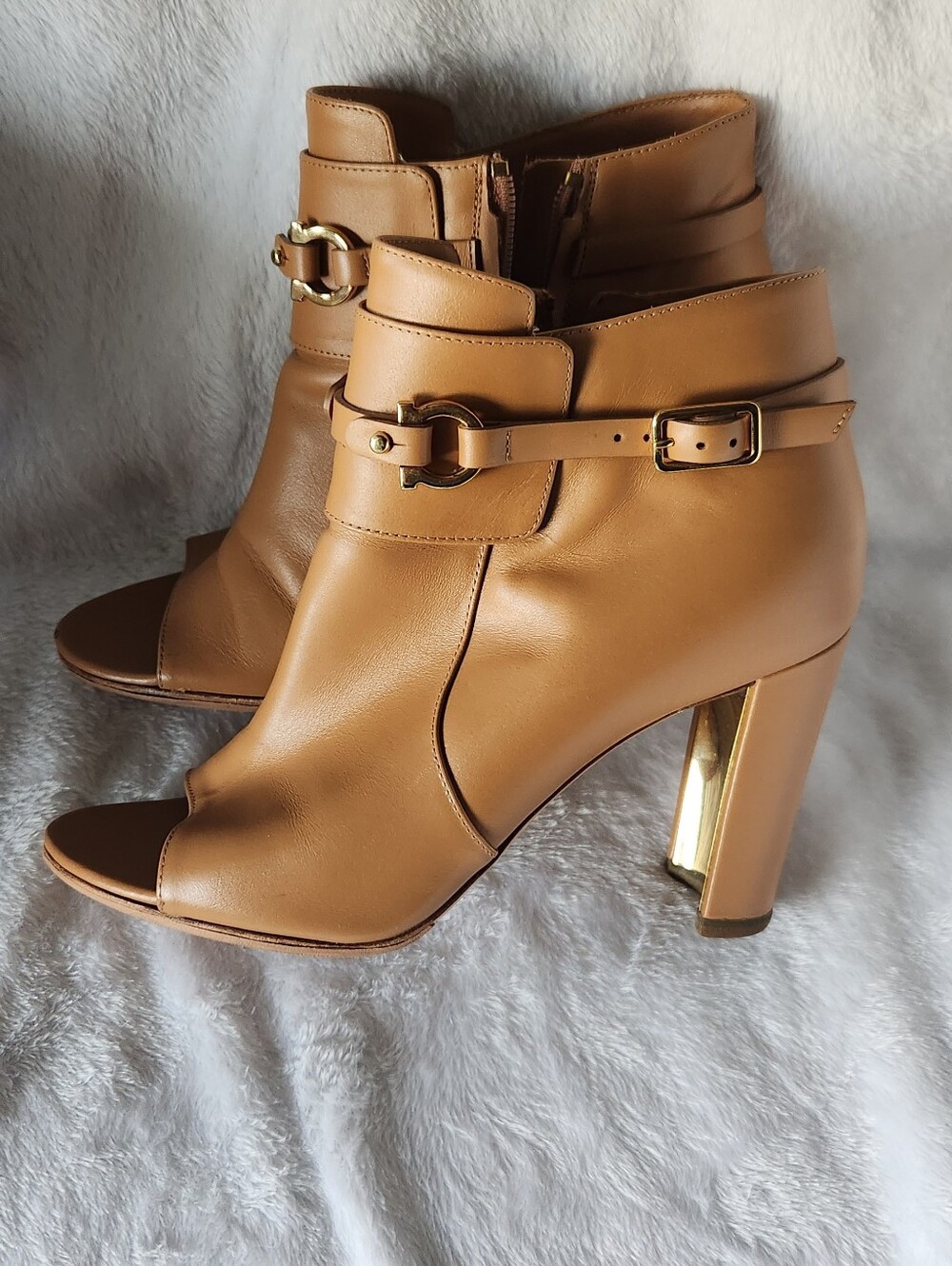 Salvatore Ferragamo Women’s Open-Toe Ankle Booties in Tan with Gold Accent